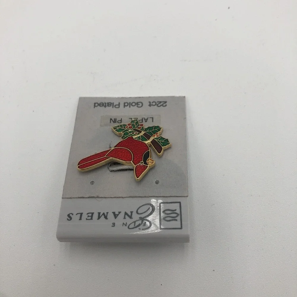 Cardinal Lapel Pin 22k Gold Plated New Enamels Red Bird Green Leaves‎